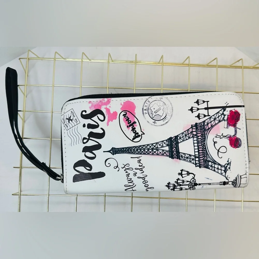 Claire’s Paris Zippered Accordion Wallet Wristlet Watercolor Style Pink & Black